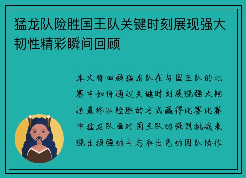 猛龙队险胜国王队关键时刻展现强大韧性精彩瞬间回顾
