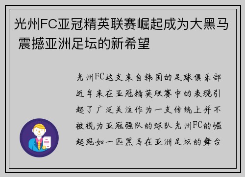 光州FC亚冠精英联赛崛起成为大黑马 震撼亚洲足坛的新希望