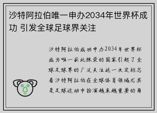 沙特阿拉伯唯一申办2034年世界杯成功 引发全球足球界关注