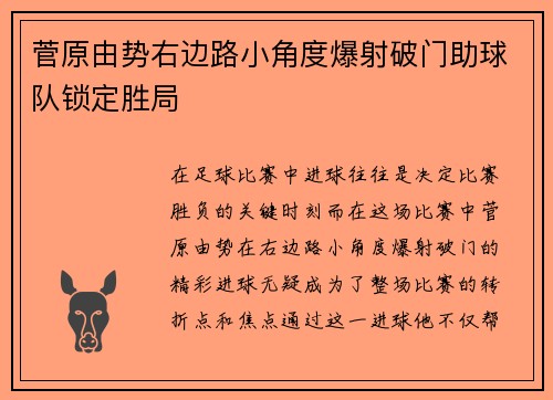 菅原由势右边路小角度爆射破门助球队锁定胜局